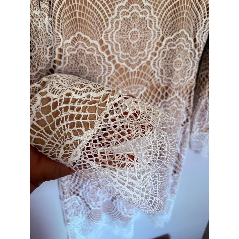 For Love & Lemons White Lace Nude Illusion Long Sleeve Mini Dress Scalloped Trim